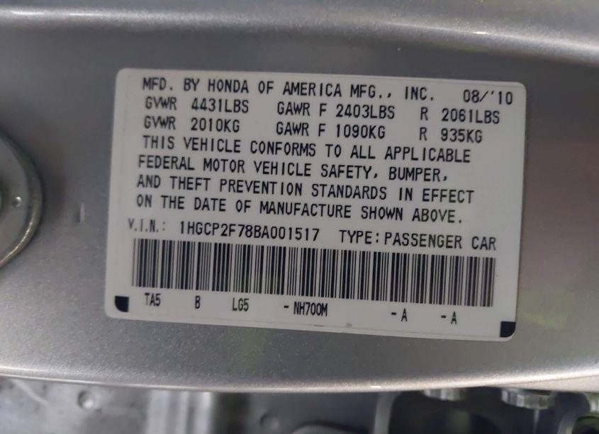 Photo 9 of 2011 Honda Accord 2.4 EX (VIN 1HGCP2F78BA001517)