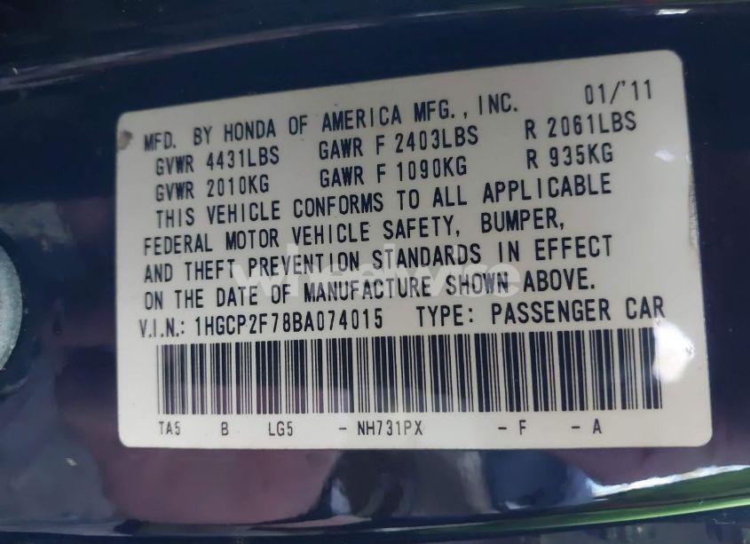 Photo 9 of 2011 Honda Accord 2.4 EX (VIN 1HGCP2F78BA074015)