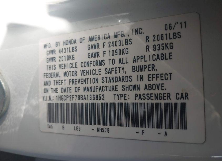 Photo 9 of 2011 Honda Accord 2.4 EX (VIN 1HGCP2F78BA136853)