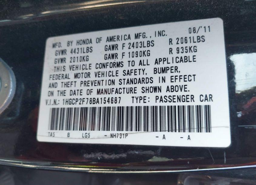 Photo 9 of 2011 Honda Accord 2.4 EX (VIN 1HGCP2F78BA154687)