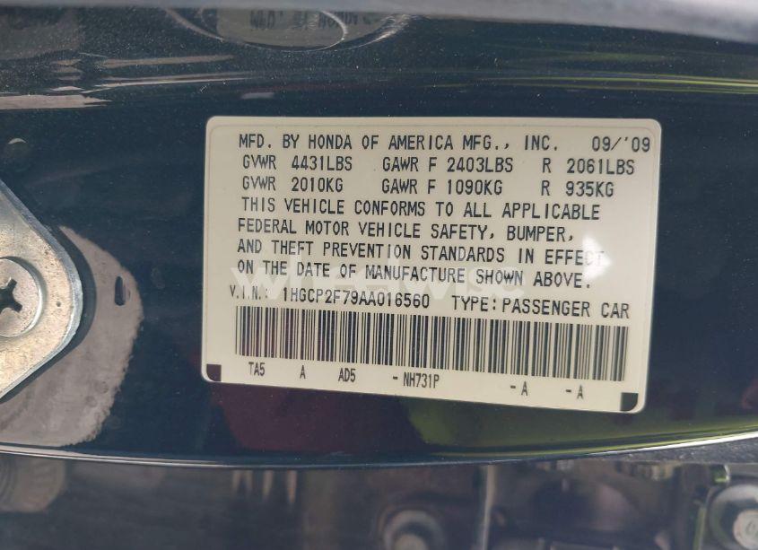 Photo 9 of 2010 Honda Accord 2.4 EX (VIN 1HGCP2F79AA016560)