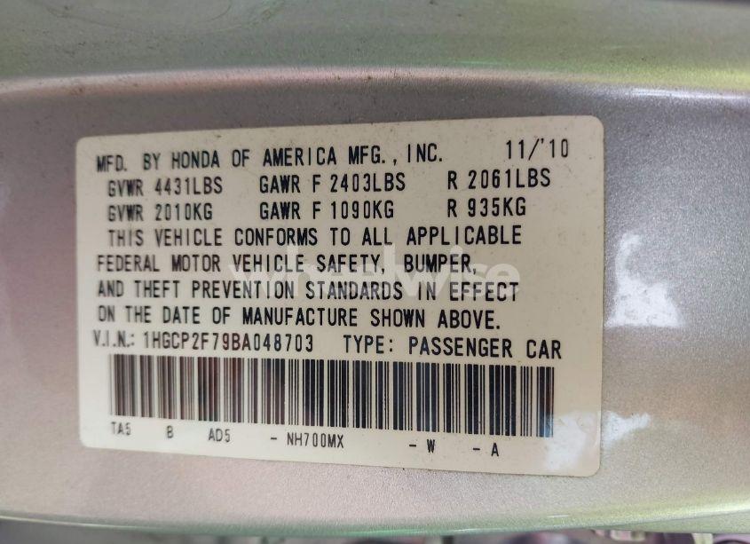 Photo 9 of 2011 Honda Accord 2.4 EX (VIN 1HGCP2F79BA048703)