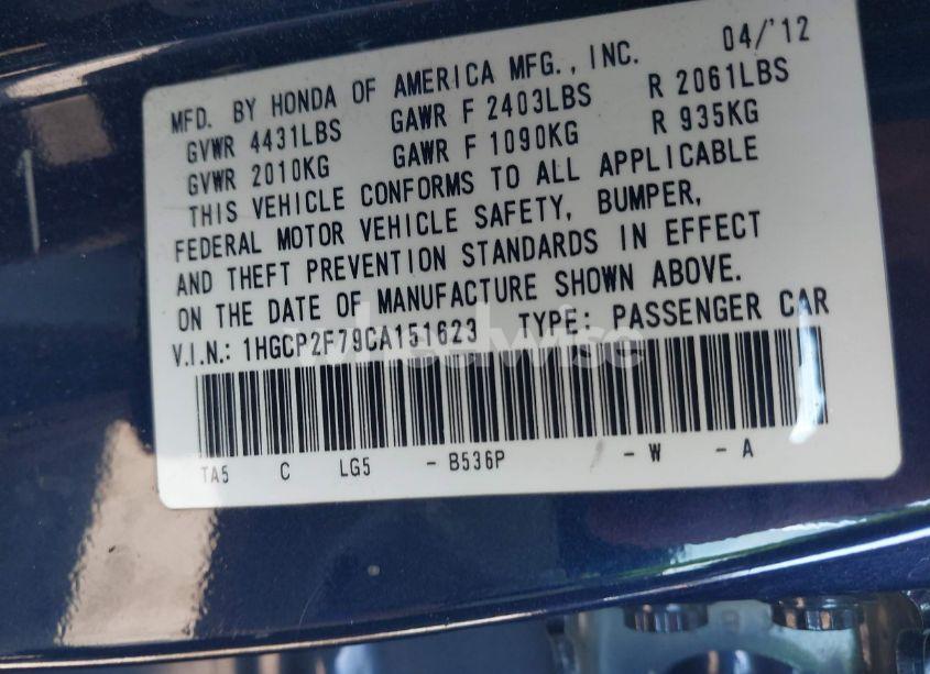 Photo 9 of 2012 Honda Accord 2.4 EX (VIN 1HGCP2F79CA151623)