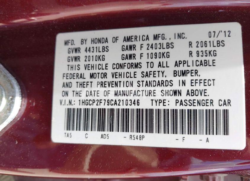 Photo 9 of 2012 Honda Accord 2.4 EX (VIN 1HGCP2F79CA210346)