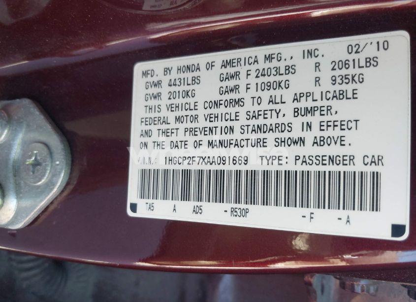 Photo 9 of 2010 Honda Accord 2.4 EX (VIN 1HGCP2F7XAA091669)