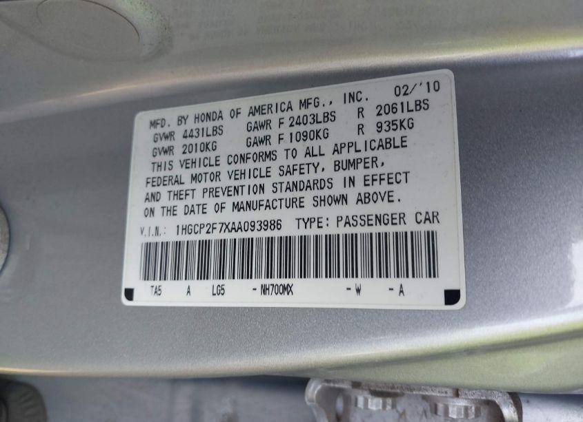 Photo 9 of 2010 Honda Accord 2.4 EX (VIN 1HGCP2F7XAA093986)