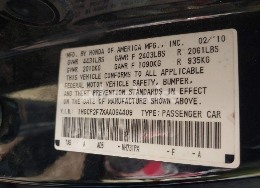 Photo 9 of 2010 Honda Accord 2.4 EX (VIN 1HGCP2F7XAA094409)