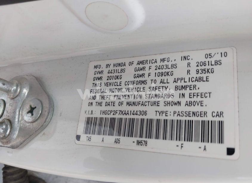 Photo 9 of 2010 Honda Accord 2.4 EX (VIN 1HGCP2F7XAA144306)