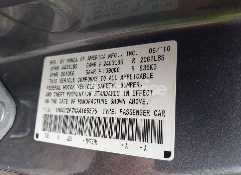 Photo 9 of 2010 Honda Accord 2.4 EX (VIN 1HGCP2F7XAA165575)
