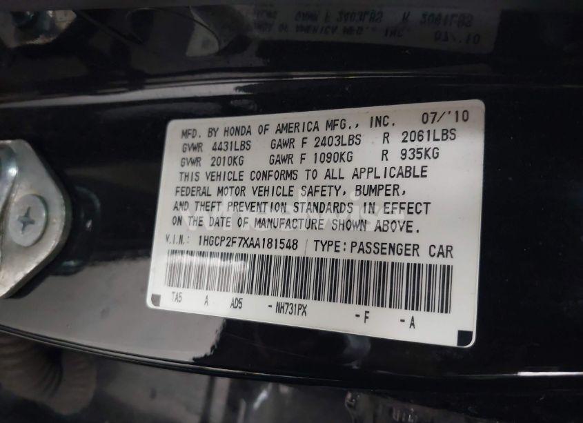 Photo 9 of 2010 Honda Accord 2.4 EX (VIN 1HGCP2F7XAA181548)
