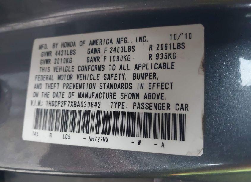 Photo 9 of 2011 Honda Accord 2.4 EX (VIN 1HGCP2F7XBA030842)