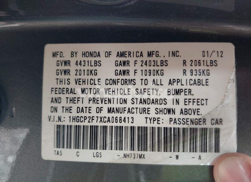 Photo 9 of 2012 Honda Accord 2.4 EX (VIN 1HGCP2F7XCA068413)