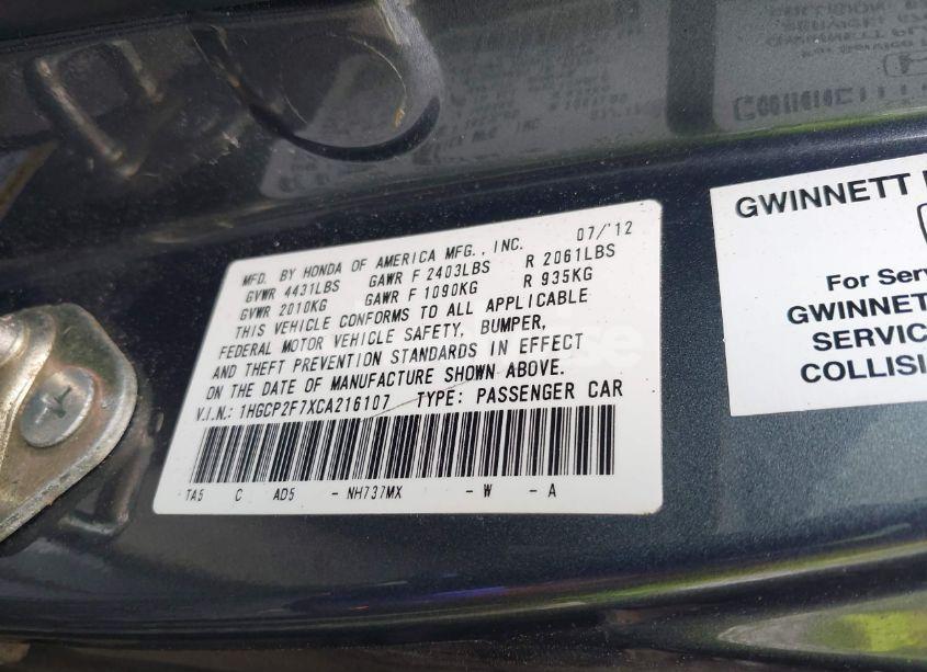 Photo 9 of 2012 Honda Accord 2.4 EX (VIN 1HGCP2F7XCA216107)