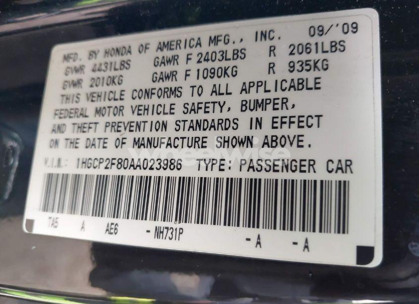 Photo 9 of 2010 Honda Accord 2.4 EX-L (VIN 1HGCP2F80AA023986)