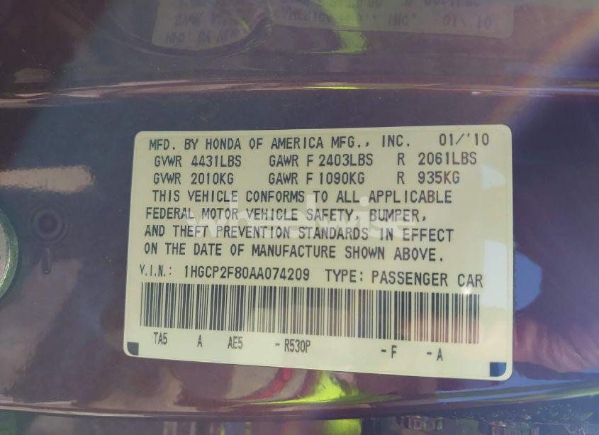 Photo 9 of 2010 Honda Accord 2.4 EX-L (VIN 1HGCP2F80AA074209)