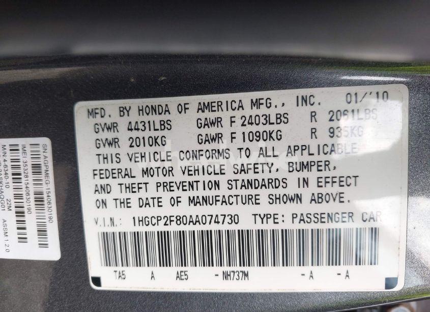 Photo 9 of 2010 Honda Accord 2.4 EX-L (VIN 1HGCP2F80AA074730)