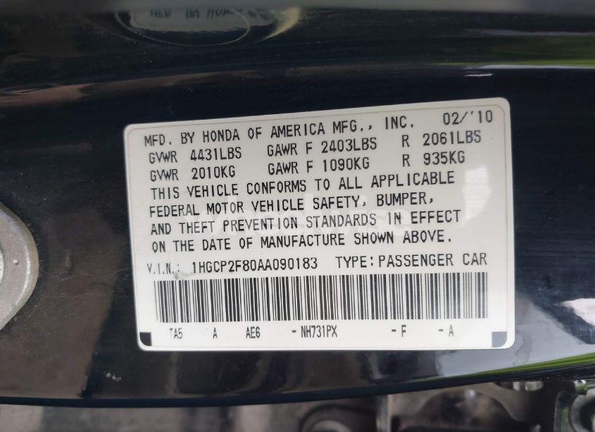 Photo 9 of 2010 Honda Accord 2.4 EX-L (VIN 1HGCP2F80AA090183)