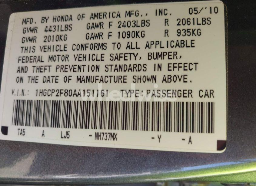 Photo 9 of 2010 Honda Accord 2.4 EX-L (VIN 1HGCP2F80AA151161)