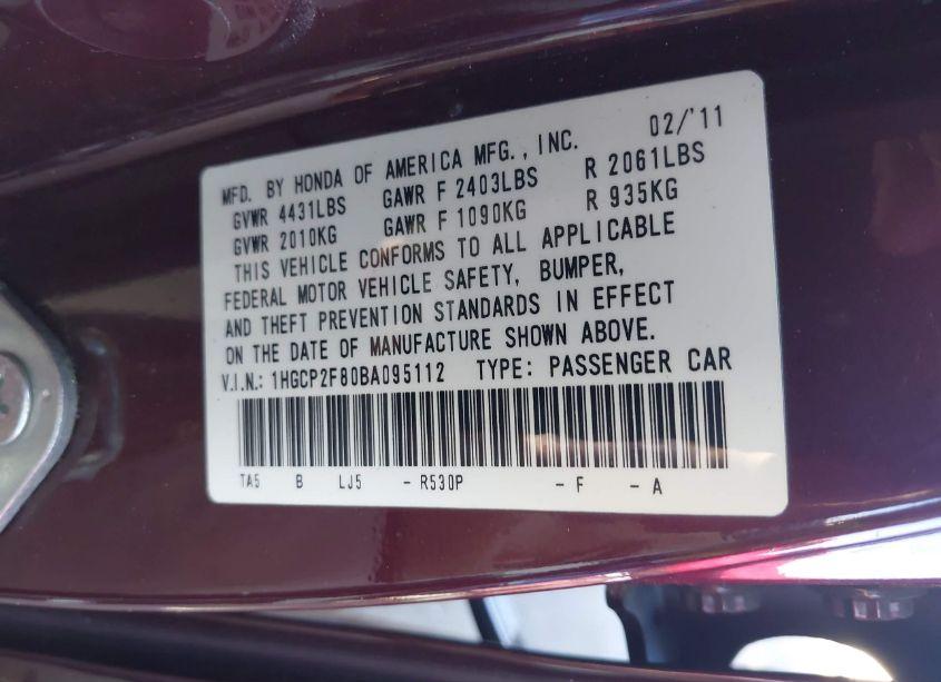 Photo 9 of 2011 Honda Accord 2.4 EX-L (VIN 1HGCP2F80BA095112)