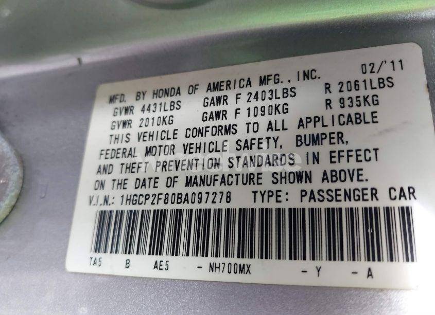 Photo 9 of 2011 Honda Accord 2.4 EX-L (VIN 1HGCP2F80BA097278)