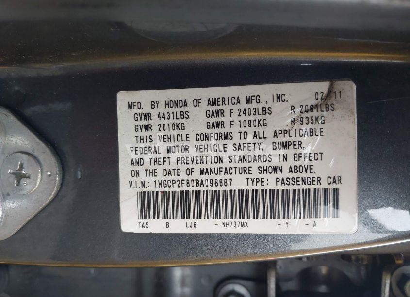 Photo 9 of 2011 Honda Accord 2.4 EX-L (VIN 1HGCP2F80BA098687)