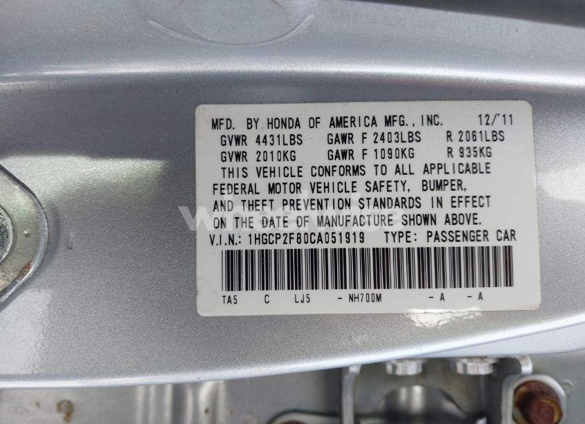 Photo 9 of 2012 Honda Accord 2.4 EX-L (VIN 1HGCP2F80CA051919)