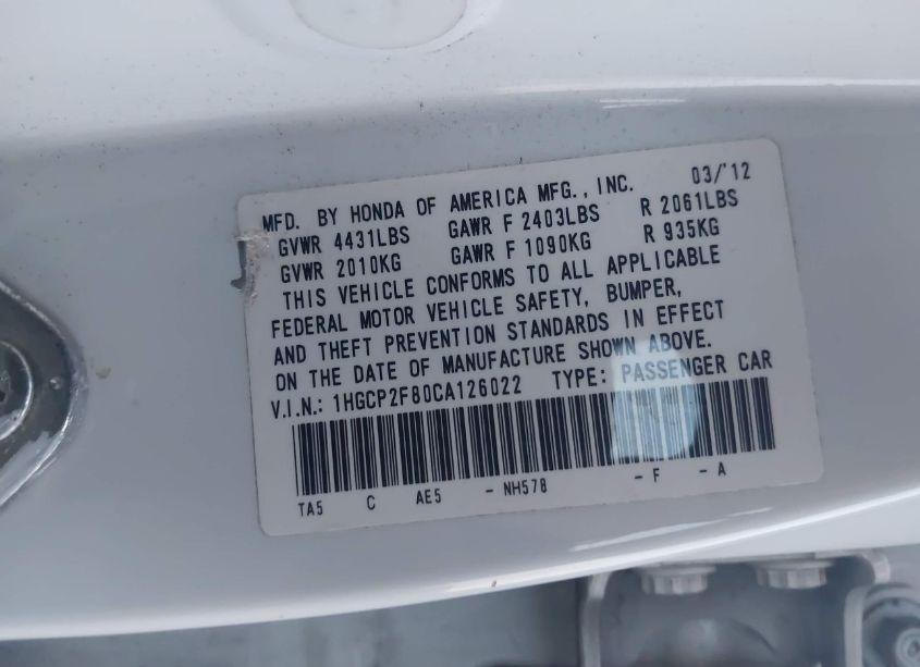 Photo 9 of 2012 Honda Accord 2.4 EX-L (VIN 1HGCP2F80CA126022)