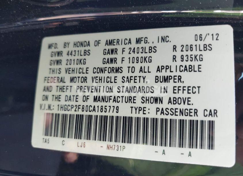 Photo 9 of 2012 Honda Accord 2.4 EX-L (VIN 1HGCP2F80CA185779)