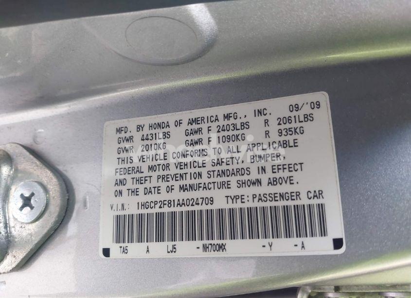 Photo 9 of 2010 Honda Accord 2.4 EX-L (VIN 1HGCP2F81AA024709)