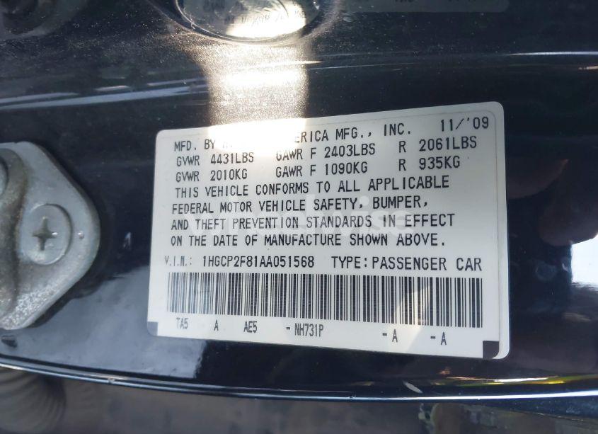 Photo 9 of 2010 Honda Accord 2.4 EX-L (VIN 1HGCP2F81AA051568)