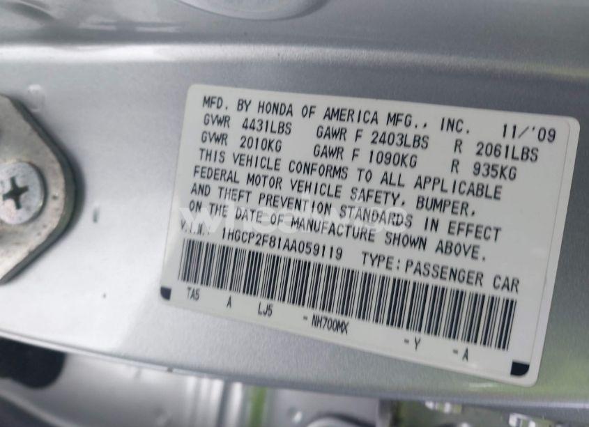 Photo 9 of 2010 Honda Accord 2.4 EX-L (VIN 1HGCP2F81AA059119)