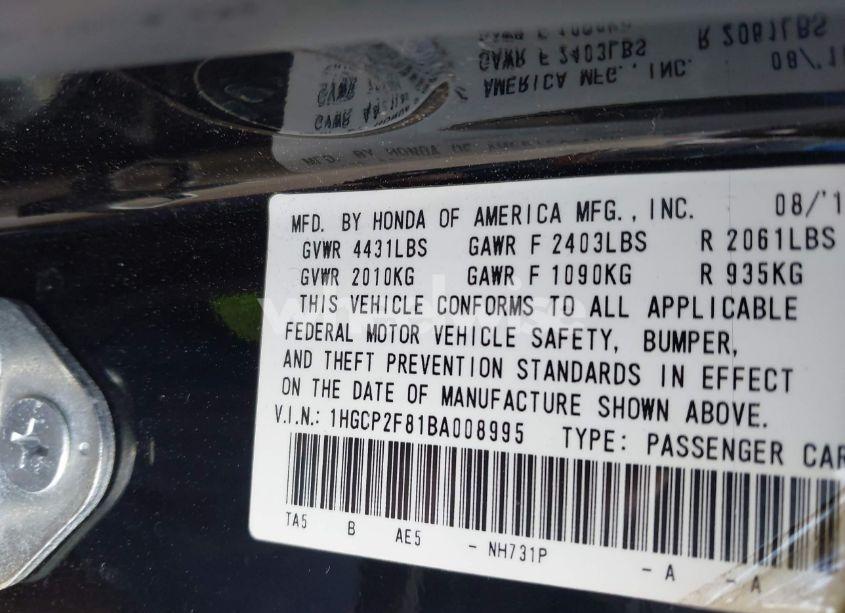 Photo 9 of 2011 Honda Accord 2.4 EX-L (VIN 1HGCP2F81BA008995)