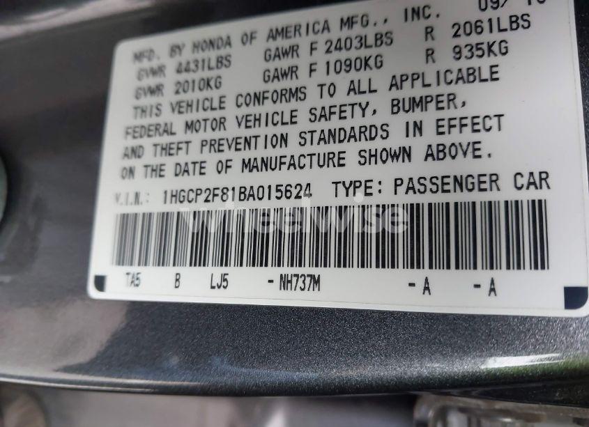 Photo 9 of 2011 Honda Accord 2.4 EX-L (VIN 1HGCP2F81BA015624)