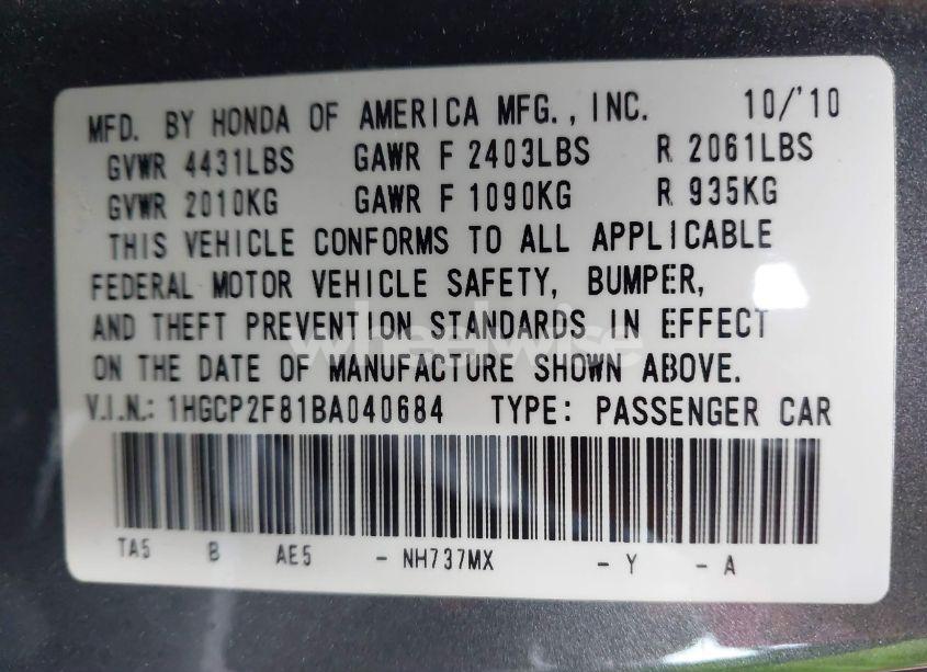Photo 9 of 2011 Honda Accord 2.4 EX-L (VIN 1HGCP2F81BA040684)