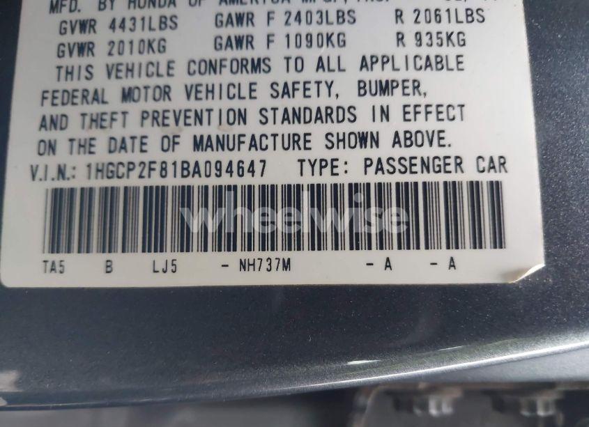 Photo 9 of 2011 Honda Accord 2.4 EX-L (VIN 1HGCP2F81BA094647)