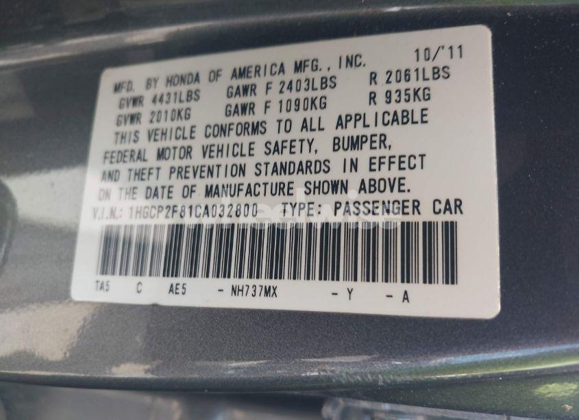 Photo 9 of 2012 Honda Accord 2.4 EX-L (VIN 1HGCP2F81CA032800)