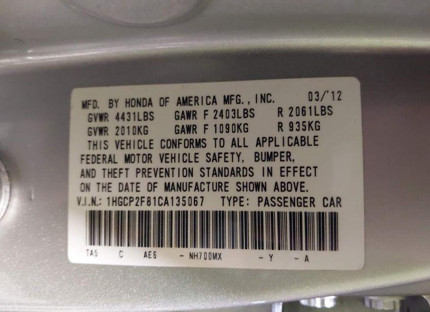 Photo 9 of 2012 Honda Accord 2.4 EX-L (VIN 1HGCP2F81CA135067)