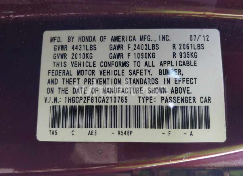 Photo 9 of 2012 Honda Accord 2.4 EX-L (VIN 1HGCP2F81CA210785)