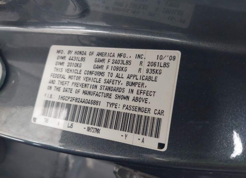 Photo 9 of 2010 Honda Accord 2.4 EX-L (VIN 1HGCP2F82AA046881)