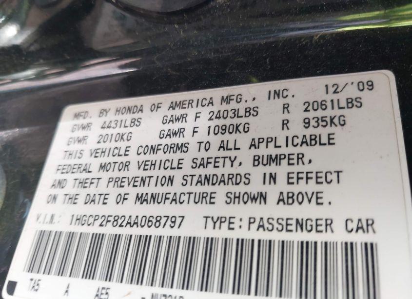 Photo 9 of 2010 Honda Accord SDN 2.4 EX-L/EX-L (VIN 1HGCP2F82AA068797)
