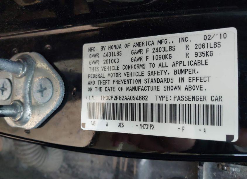 Photo 9 of 2010 Honda Accord 2.4 EX-L (VIN 1HGCP2F82AA094882)