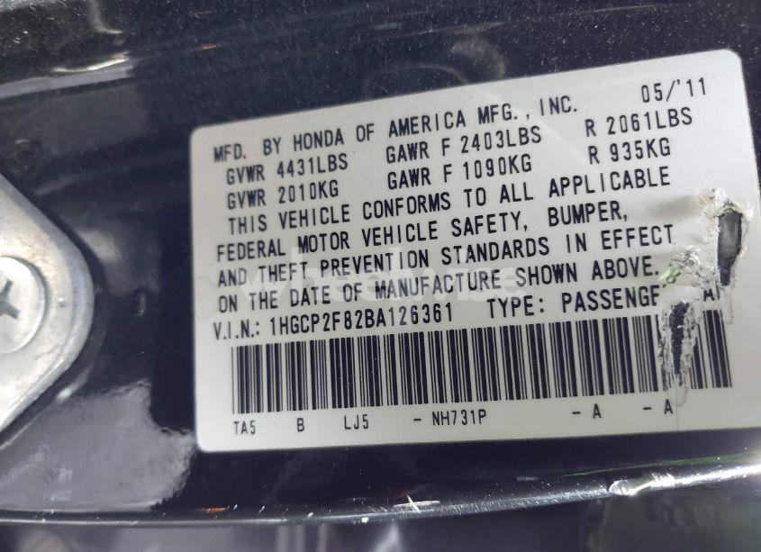 Photo 9 of 2011 Honda Accord 2.4 EX-L (VIN 1HGCP2F82BA126361)