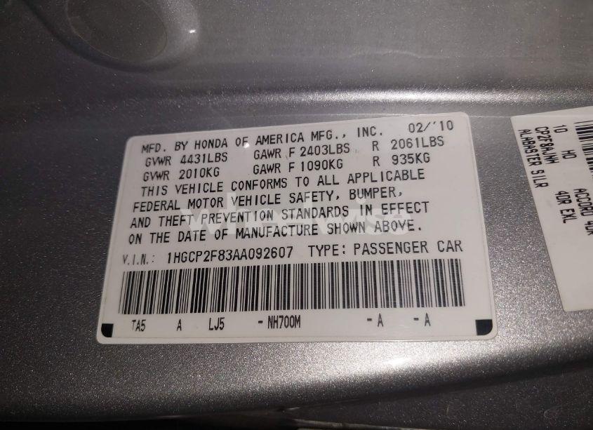 Photo 9 of 2010 Honda Accord 2.4 EX-L (VIN 1HGCP2F83AA092607)