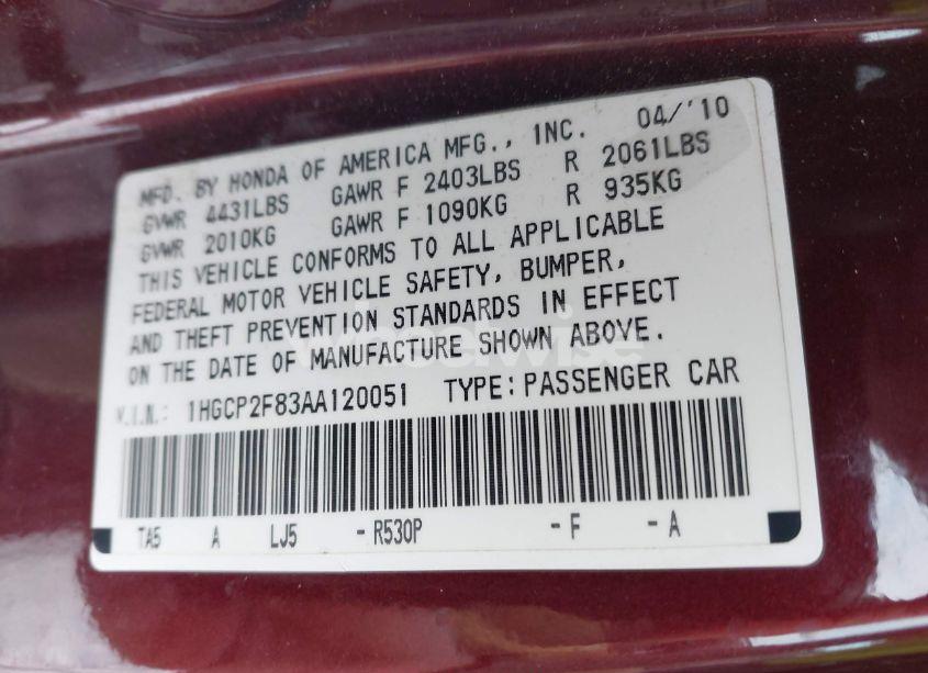 Photo 9 of 2010 Honda Accord 2.4 EX-L (VIN 1HGCP2F83AA120051)