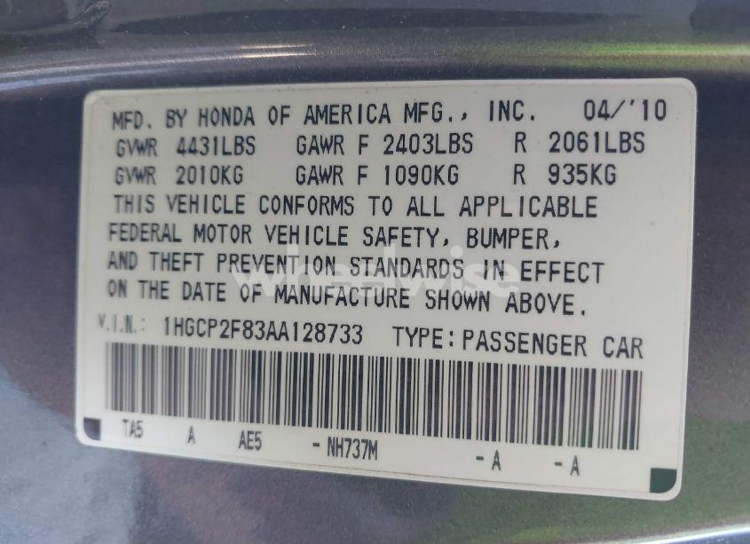 Photo 9 of 2010 Honda Accord 2.4 EX-L (VIN 1HGCP2F83AA128733)