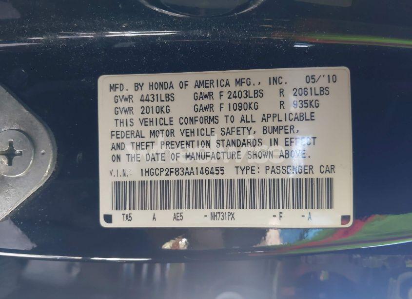 Photo 9 of 2010 Honda Accord 2.4 EX-L (VIN 1HGCP2F83AA146455)