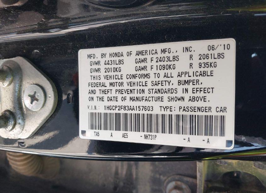 Photo 9 of 2010 Honda Accord 2.4 EX-L (VIN 1HGCP2F83AA157603)