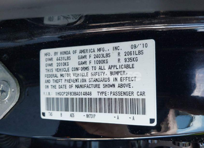 Photo 9 of 2011 Honda Accord 2.4 EX-L (VIN 1HGCP2F83BA014846)