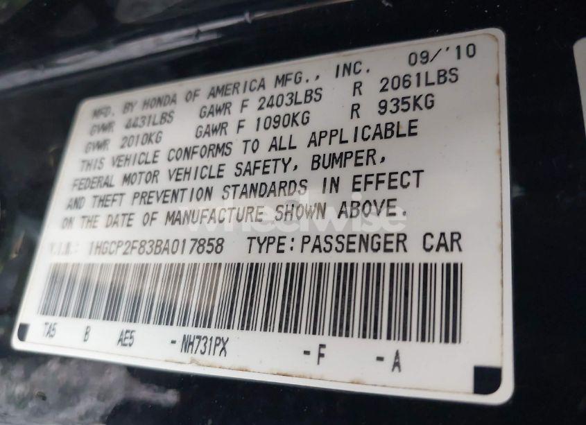 Photo 9 of 2011 Honda Accord 2.4 EX-L (VIN 1HGCP2F83BA017858)