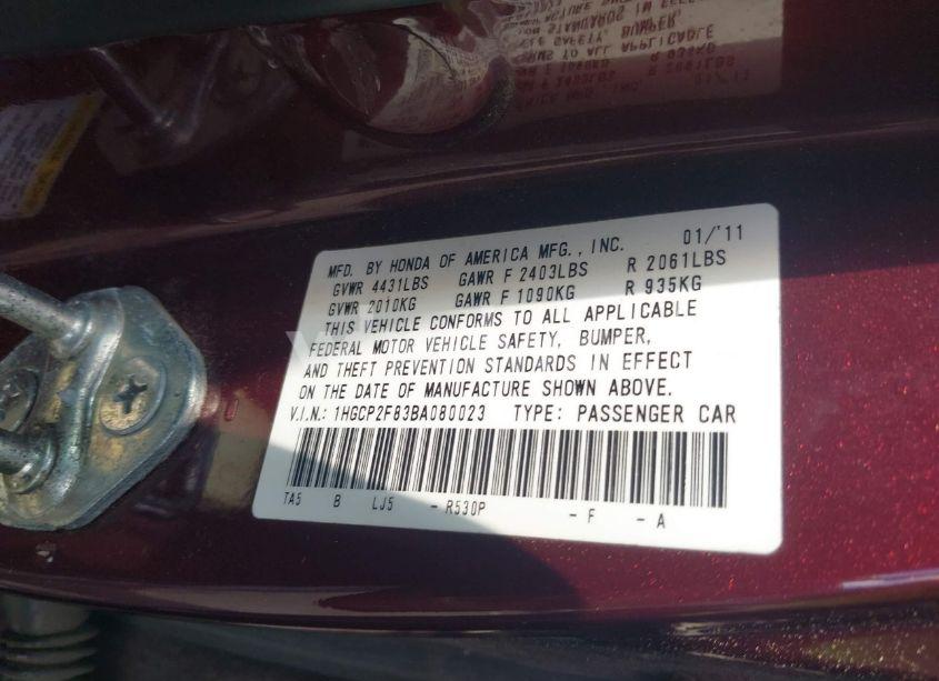 Photo 9 of 2011 Honda Accord 2.4 EX-L (VIN 1HGCP2F83BA080023)